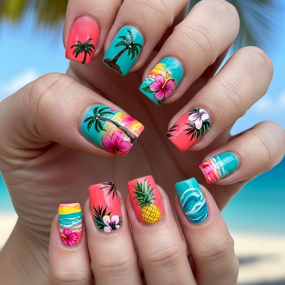 Tropical Vibes Short Square Teal with Floral Designs Press on Nail Set