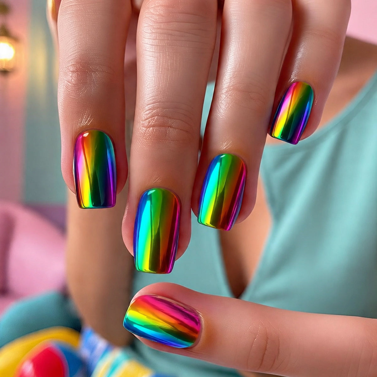 Radiant Rainbow Medium Square Press on Nail Set with Iridescent Shine