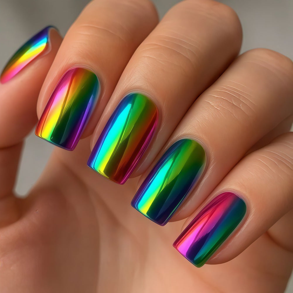 Rainbow Magic Medium Square Colorful Mirror Finish Press On Nail Set