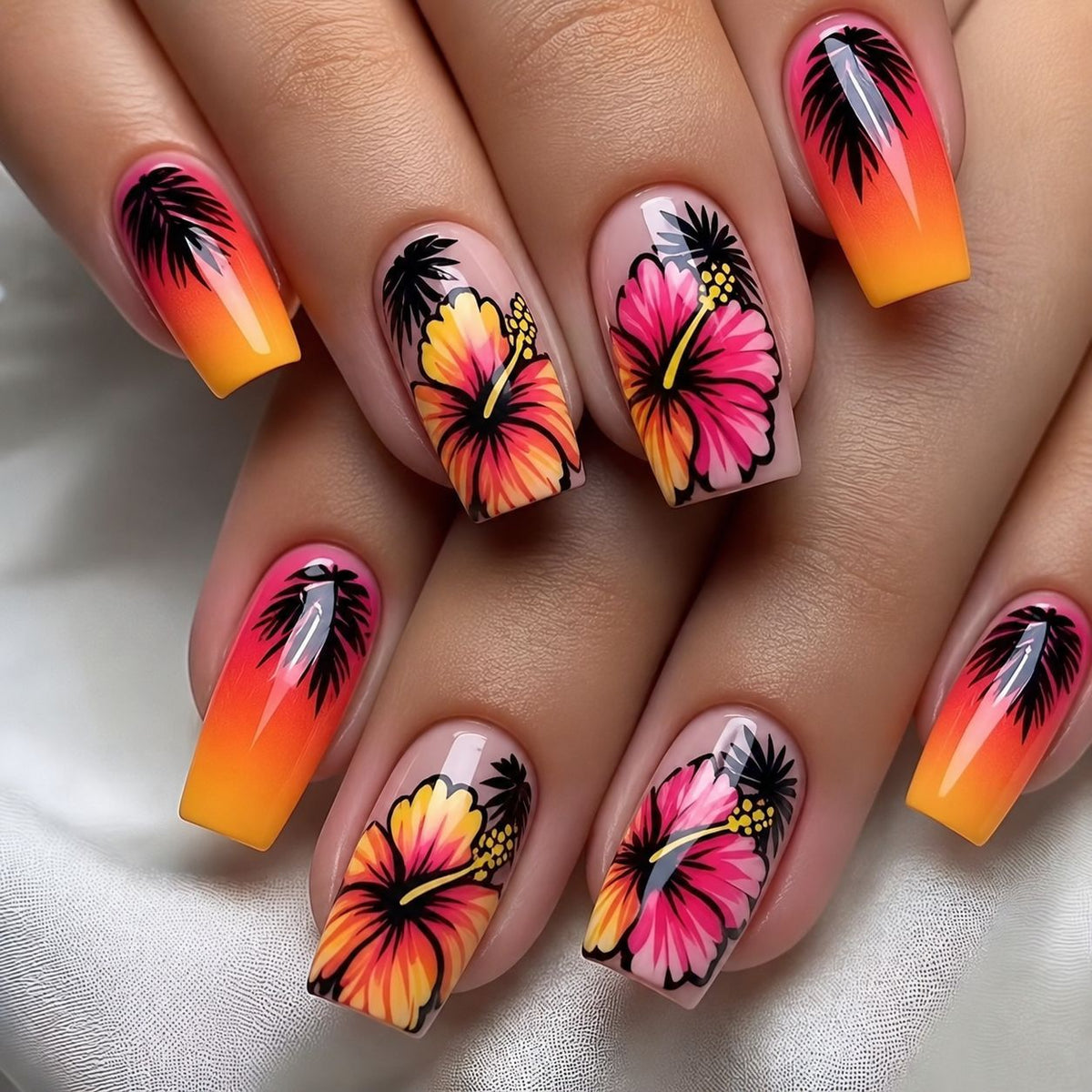 Tropical Vibe Long Coffin Gradient Floral Press On Nail Set