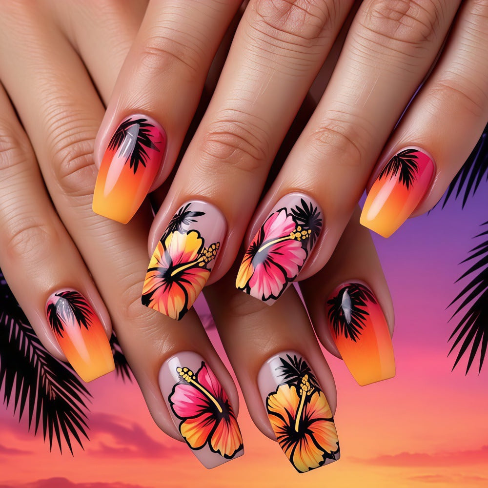 Tropical Sunset Long Coffin Press-On Nail Set with Vibrant Floral Design