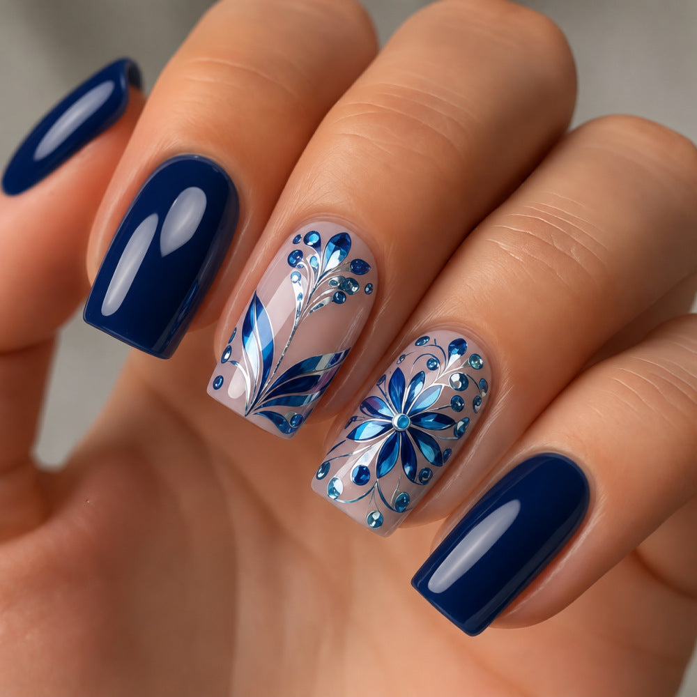 Elegant Floral Fantasy Medium Square Deep Blue with Glittering Accents Press on Nail Set