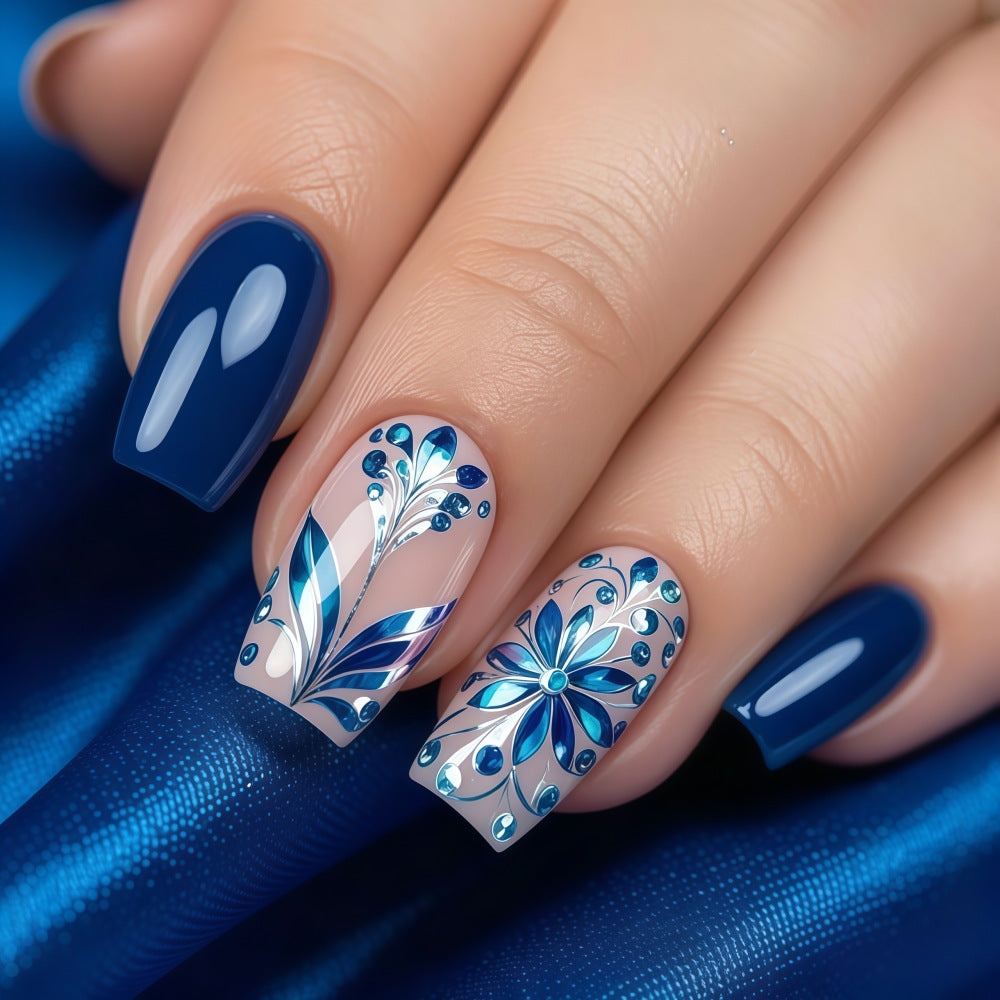 Oceanic Elegance Medium Square Dark Blue with Floral Detail Press on Nail Set