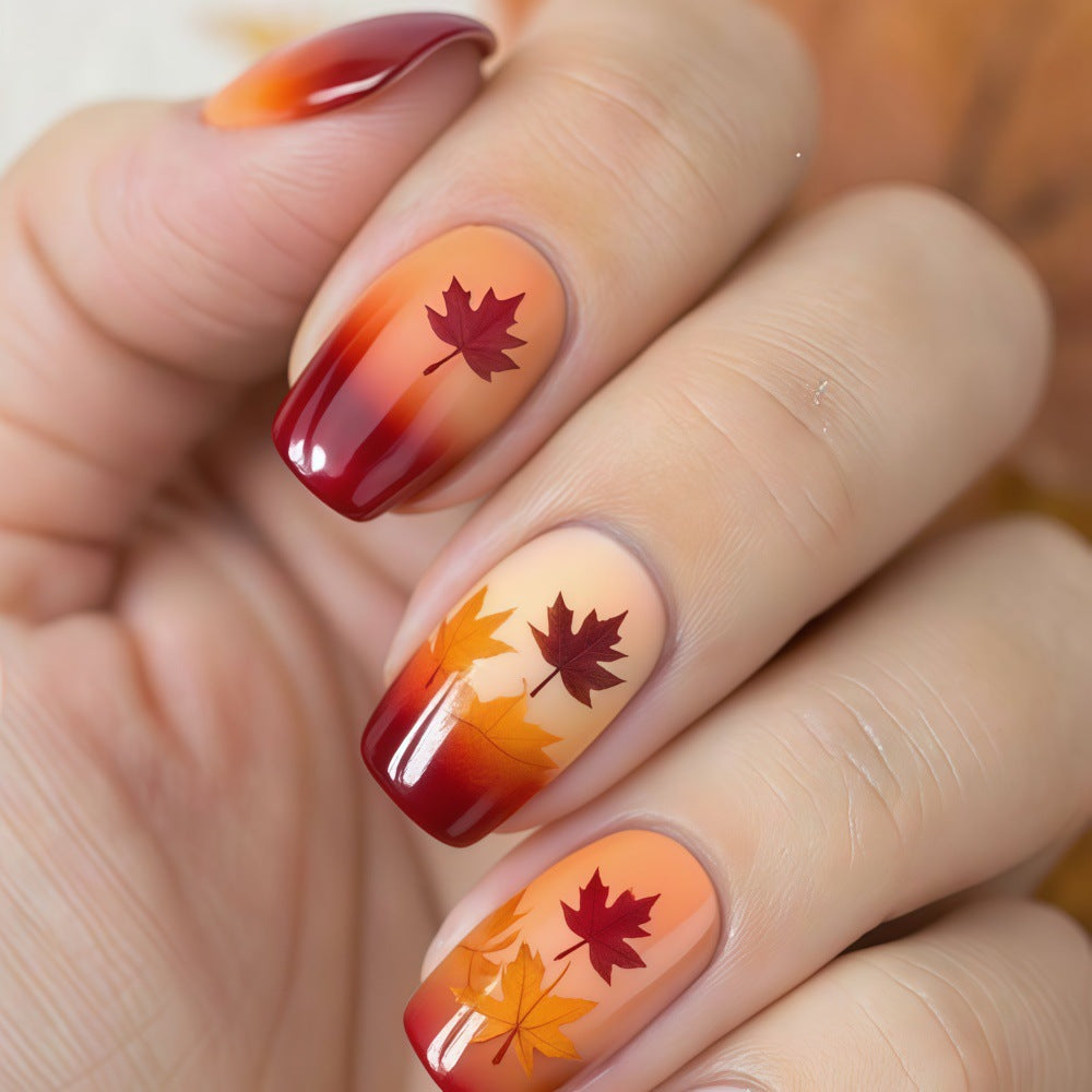 Autumn Elegance Medium Square Gradient Maple Leaf Press On Nail Set