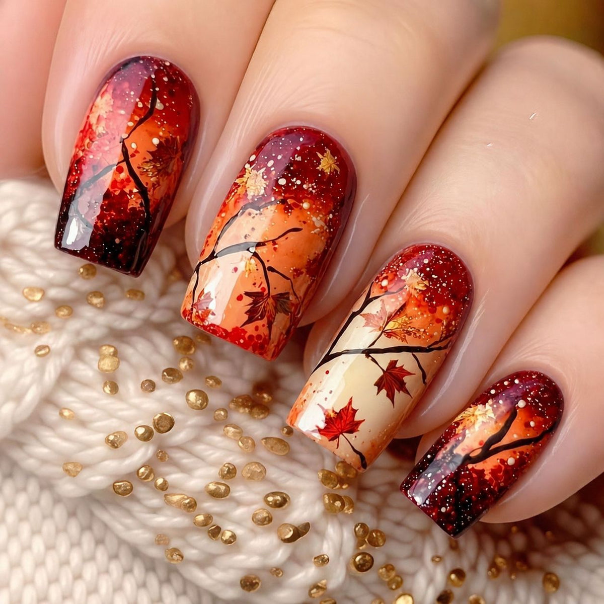 Autumn Elegance Medium Square Red and Orange Ombre Press on Nail Set