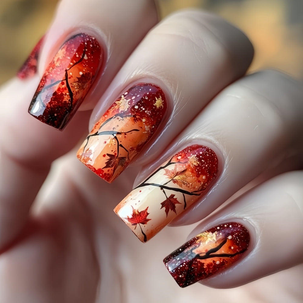 Autumn Beauty Medium Square Red and Gold Glitter Press on Nail Set