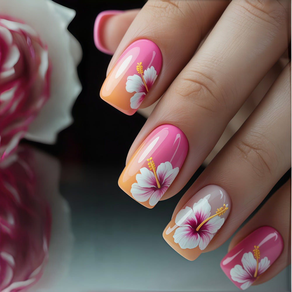 Tropical Bliss Medium Square Pink Ombre Floral Press On Nail Set
