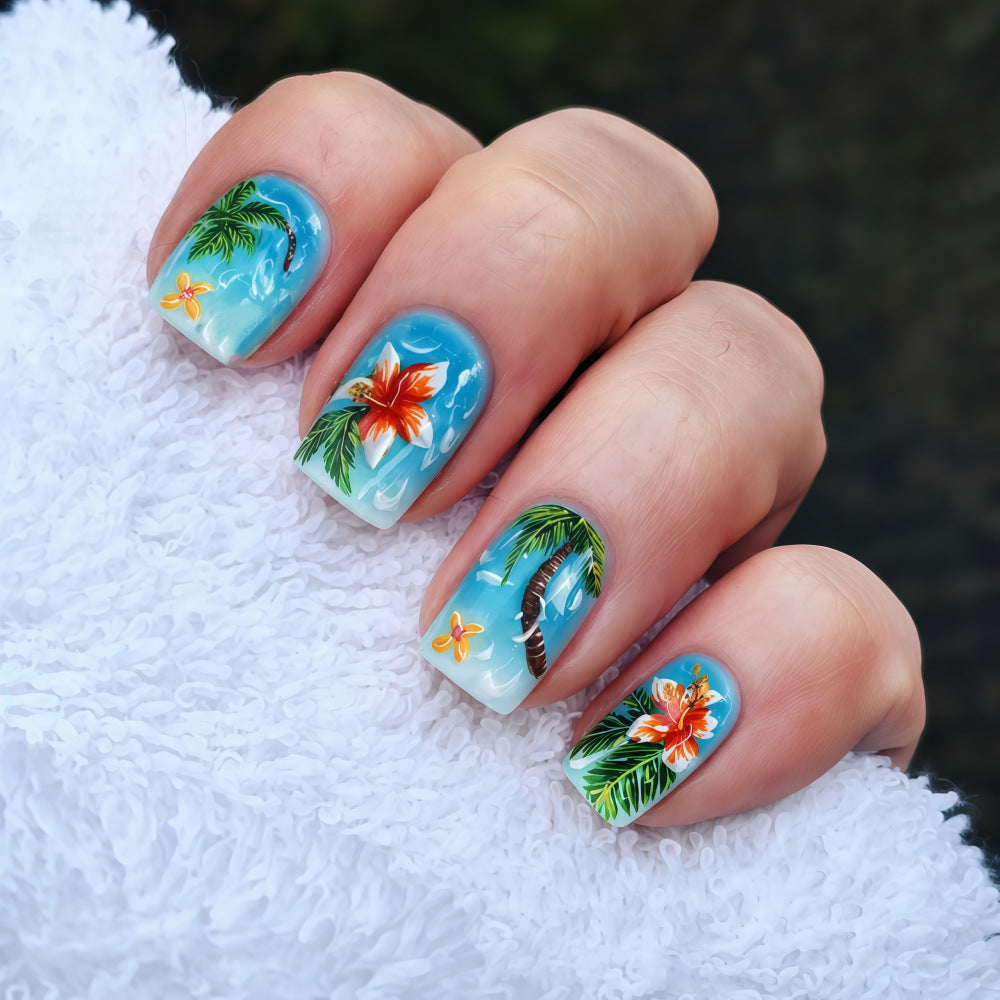 Tropical Paradise Short Square Blue with Floral Art Press On Nail Set