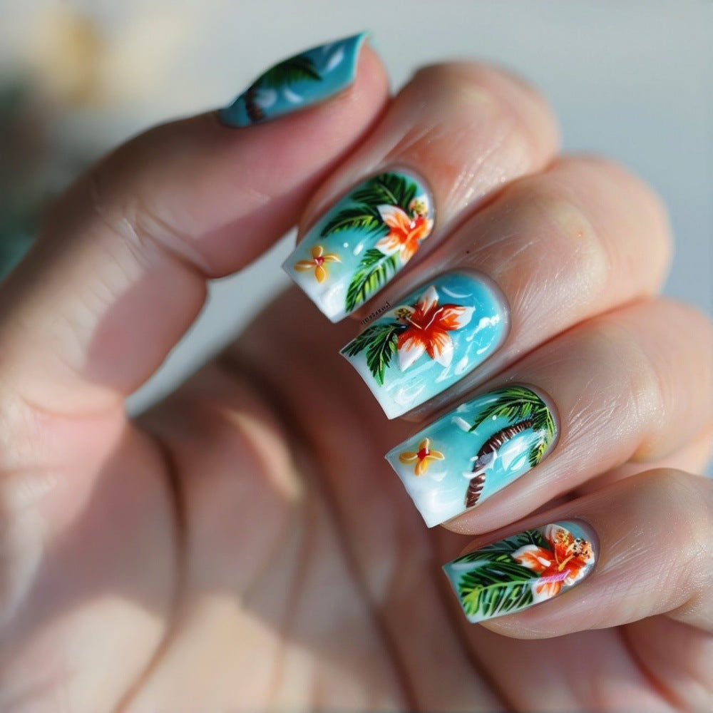 Tropical Paradise Medium Square Blue with Floral Designs Press On Nail Set