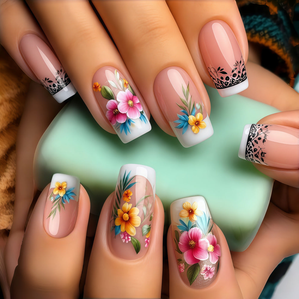Floral Delight Medium Square Pastel Background with Intricate Designs Press On Nail Set