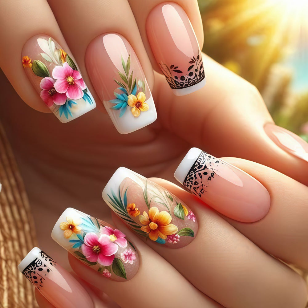 Vibrant Floral Fantasy Long Square Pink Gradient Press On Nail Set with Intricate Design