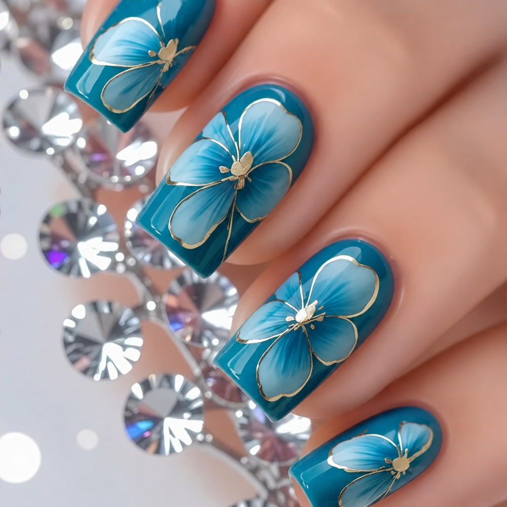 Floral Elegance Medium Square Teal with Gold Floral Design Press on Nail Set