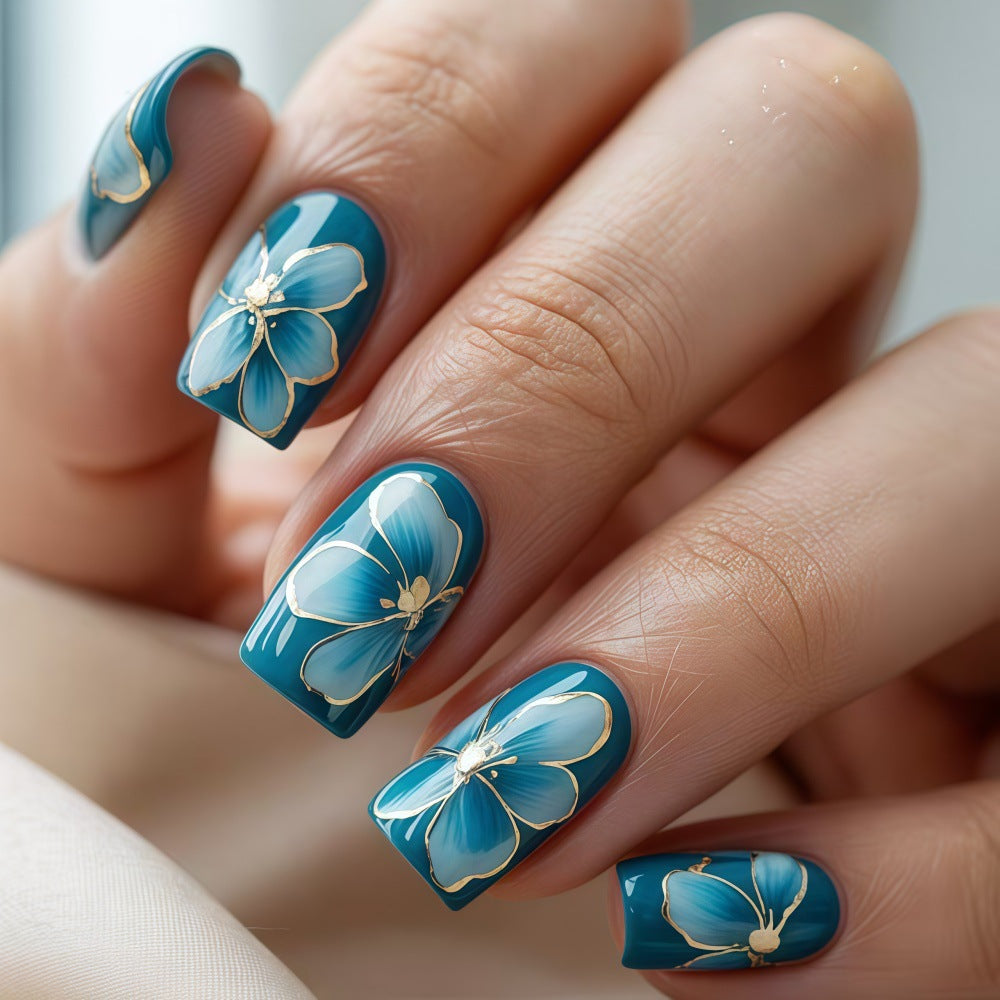Floral Elegance Short Square Teal Press On Nail Set with Gold Accents