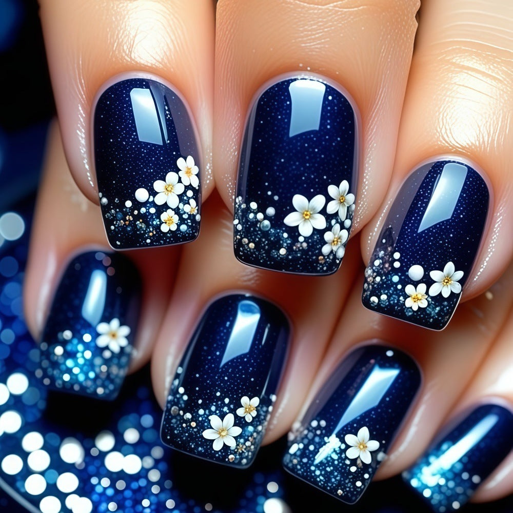 Enchanted Floral Short Square Navy Blue Press on Nail Set with Glitter Gradient Finish