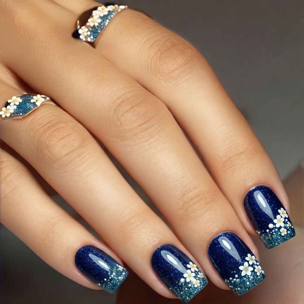 Charming Floral Delight Medium Square Navy Glitter Press On Nail Set