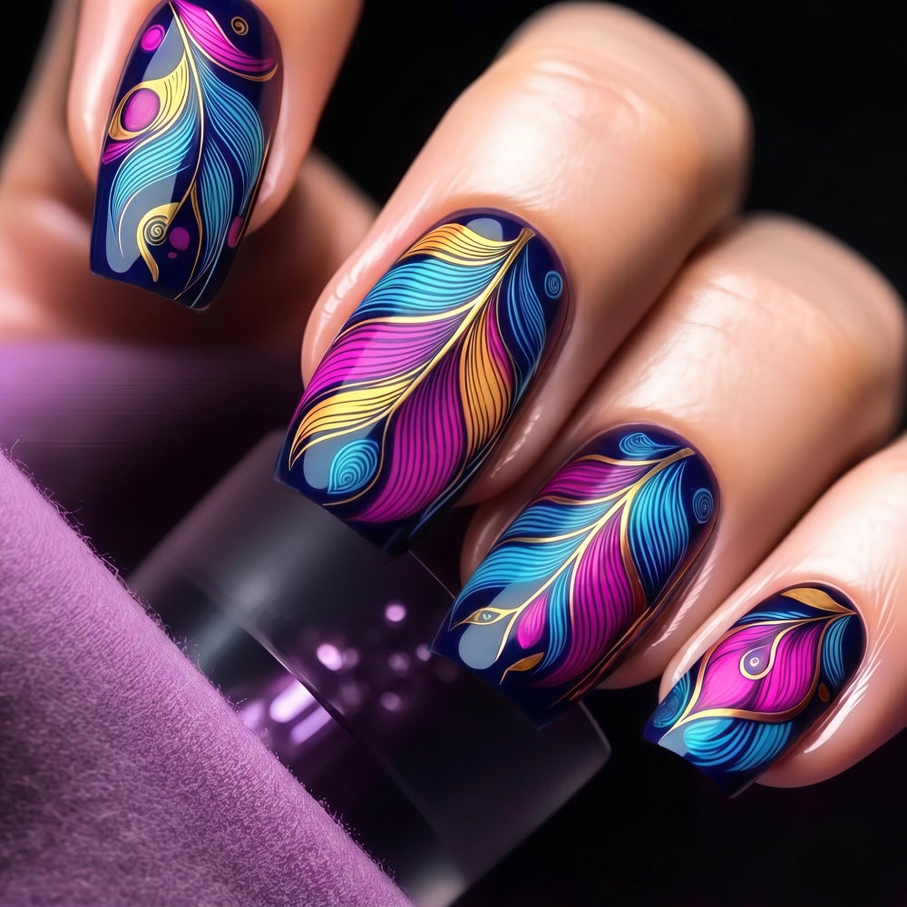 Peacock Dreams Long Coffin Blue and Pink Feather Press On Nail Set