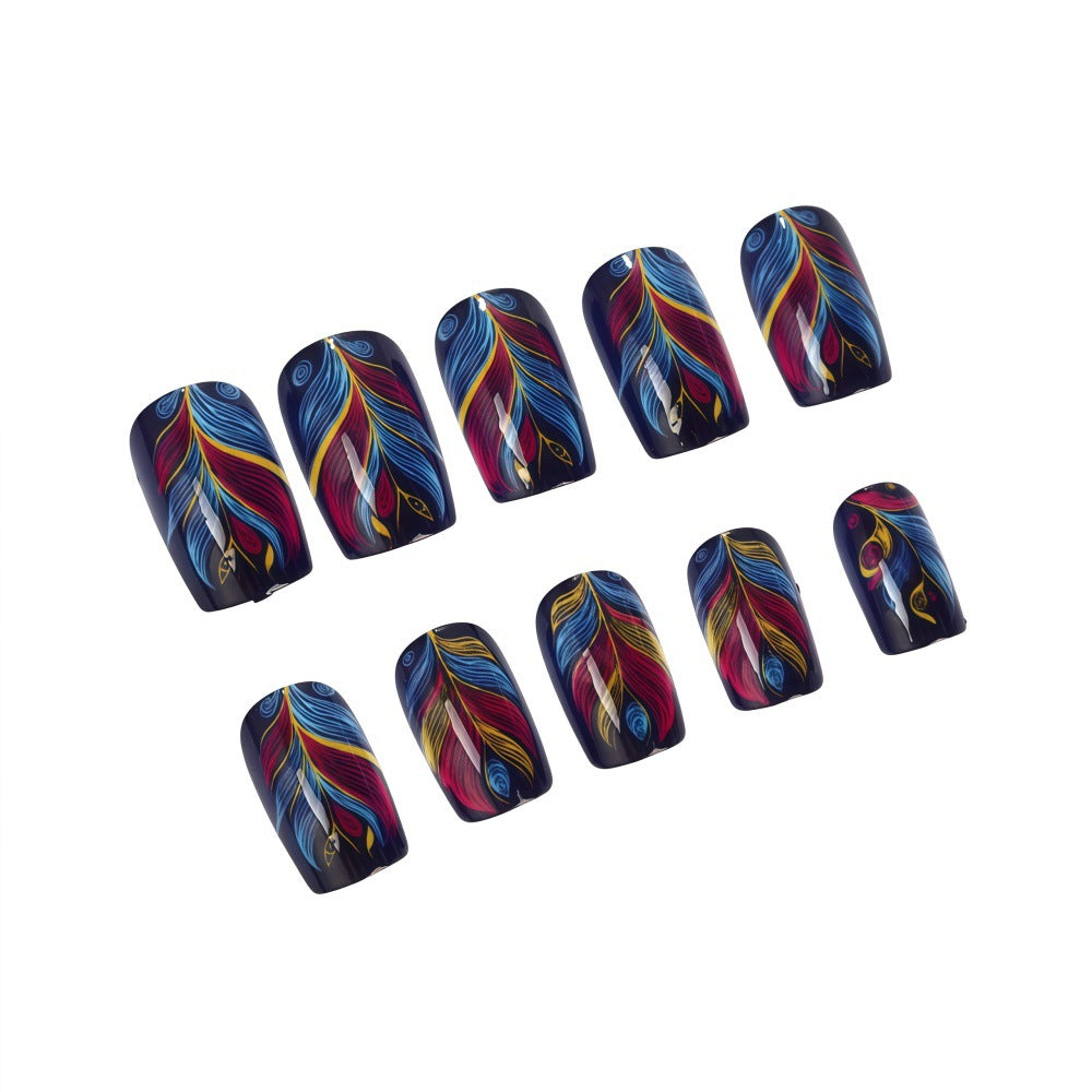 Artistic Vibes Medium Square Colorful Feather Design Press On Nail Set