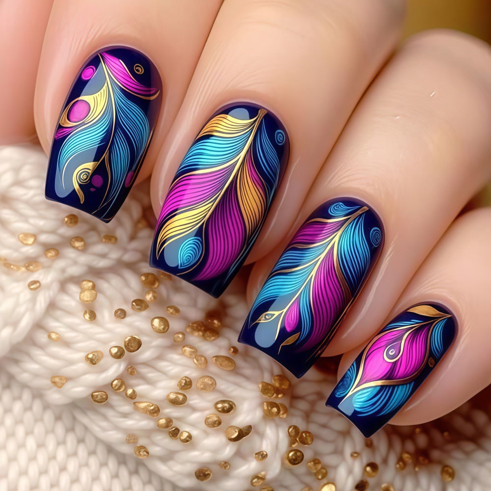 Vibrant Peacock Medium Square Colorful Feather Design Press On Nail Set