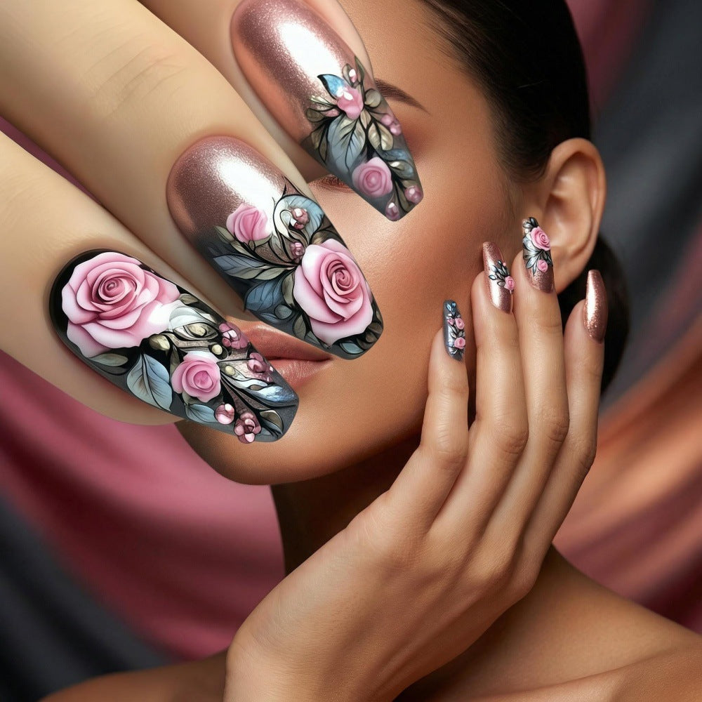 Enchanting Floral Design Long Coffin Deep Rose and Leaf Accents Press On Nail Set