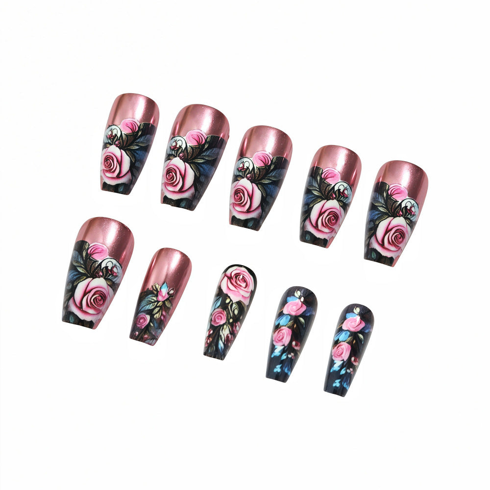 Romantic Floral Medium Coffin Pink Metallic Press On Nail Set with Intricate Rose Designs