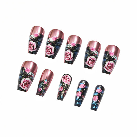 Romantic Floral Medium Coffin Pink Metallic Press On Nail Set with Intricate Rose Designs