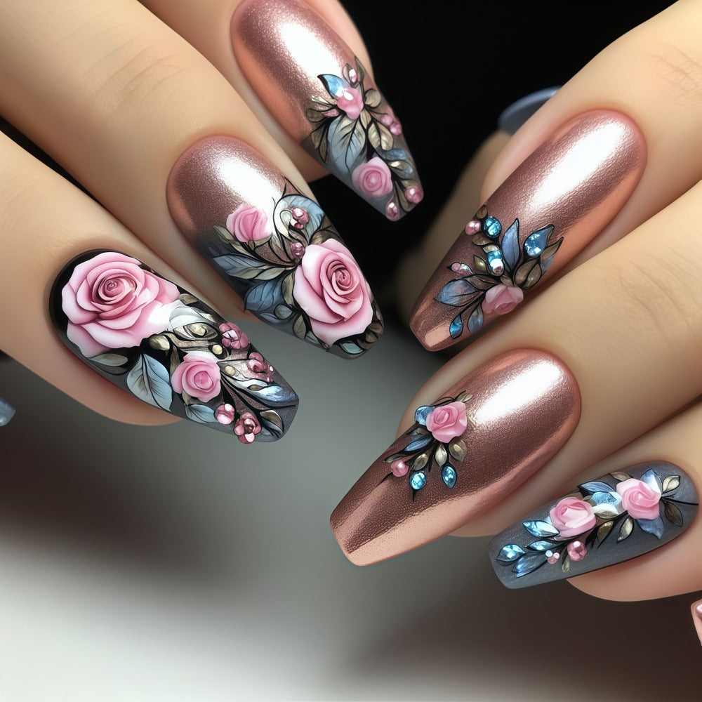 Garden Glamour Long Coffin Rose Embellished Press On Nail Set