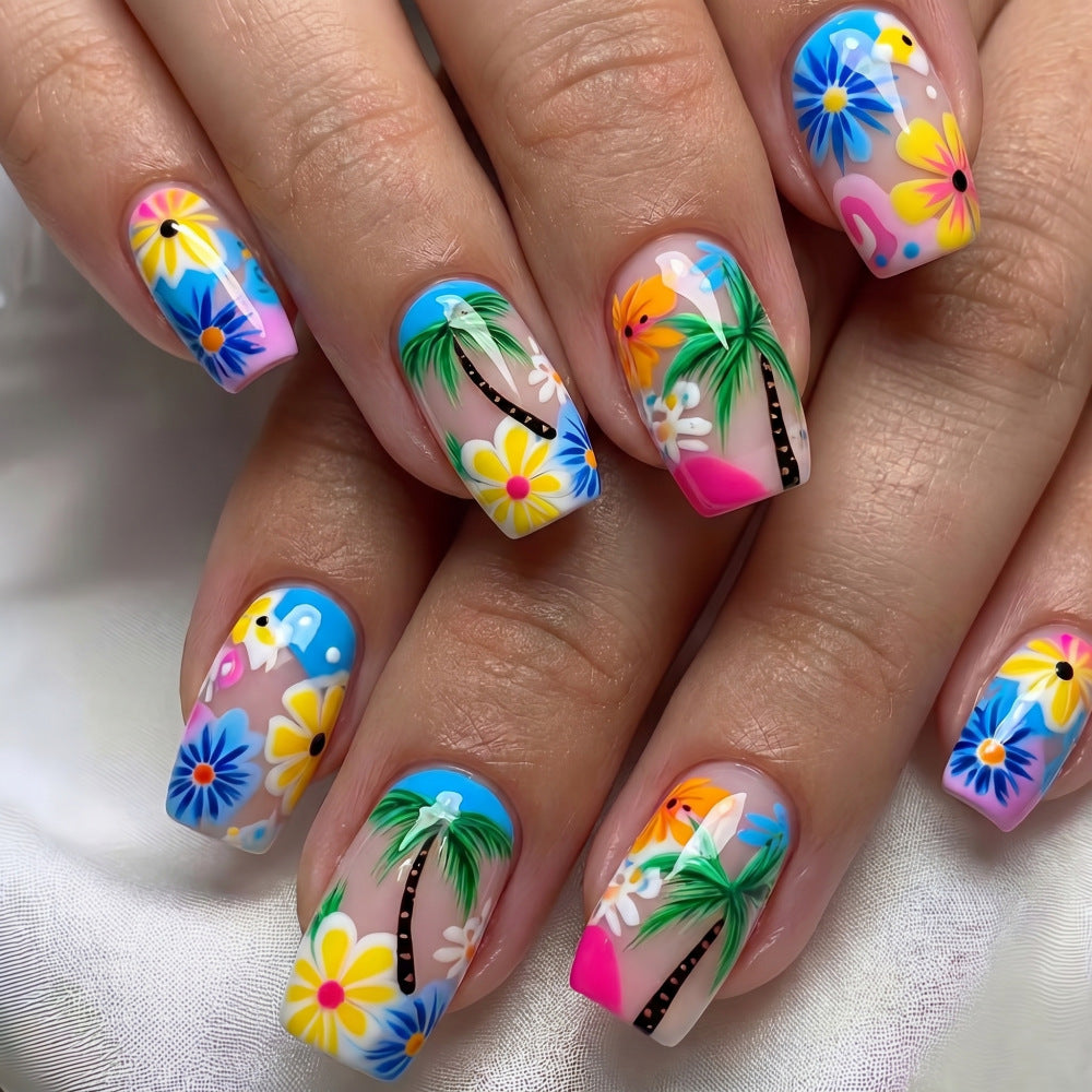 Tropical Paradise Medium Square Colorful Floral Press On Nail Set with Eye-Catching Design