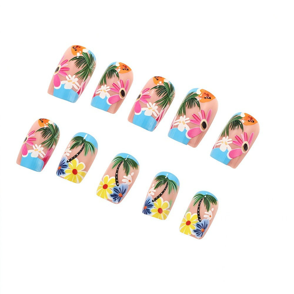 Tropical Paradise Medium Square Pink Floral Press-On Nail Set with Glossy Finish