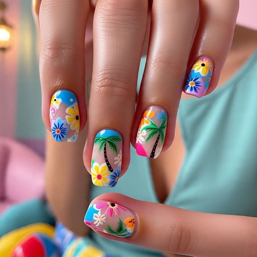 Tropical Vibes Medium Square Multicolored Floral Design Press On Nail Set