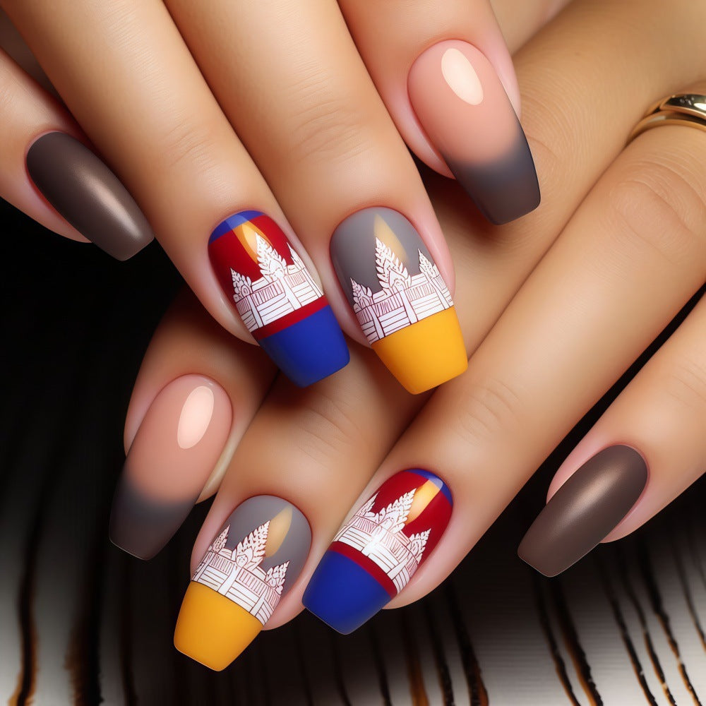 Vibrant Festival Medium Coffin Color Block with Artistic Graphics Press On Nail Set