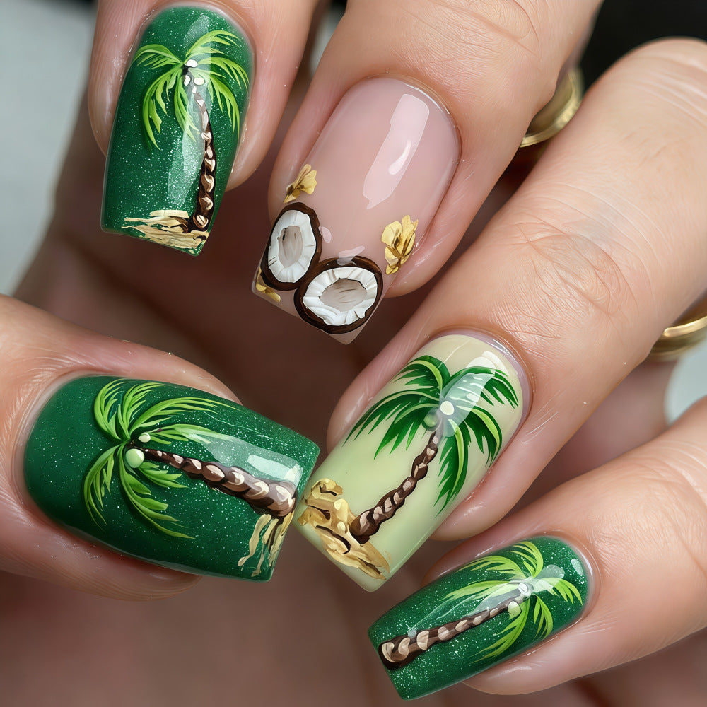Tropical Paradise Medium Square Green Glittery Press On Nail Set with Palm Tree Design