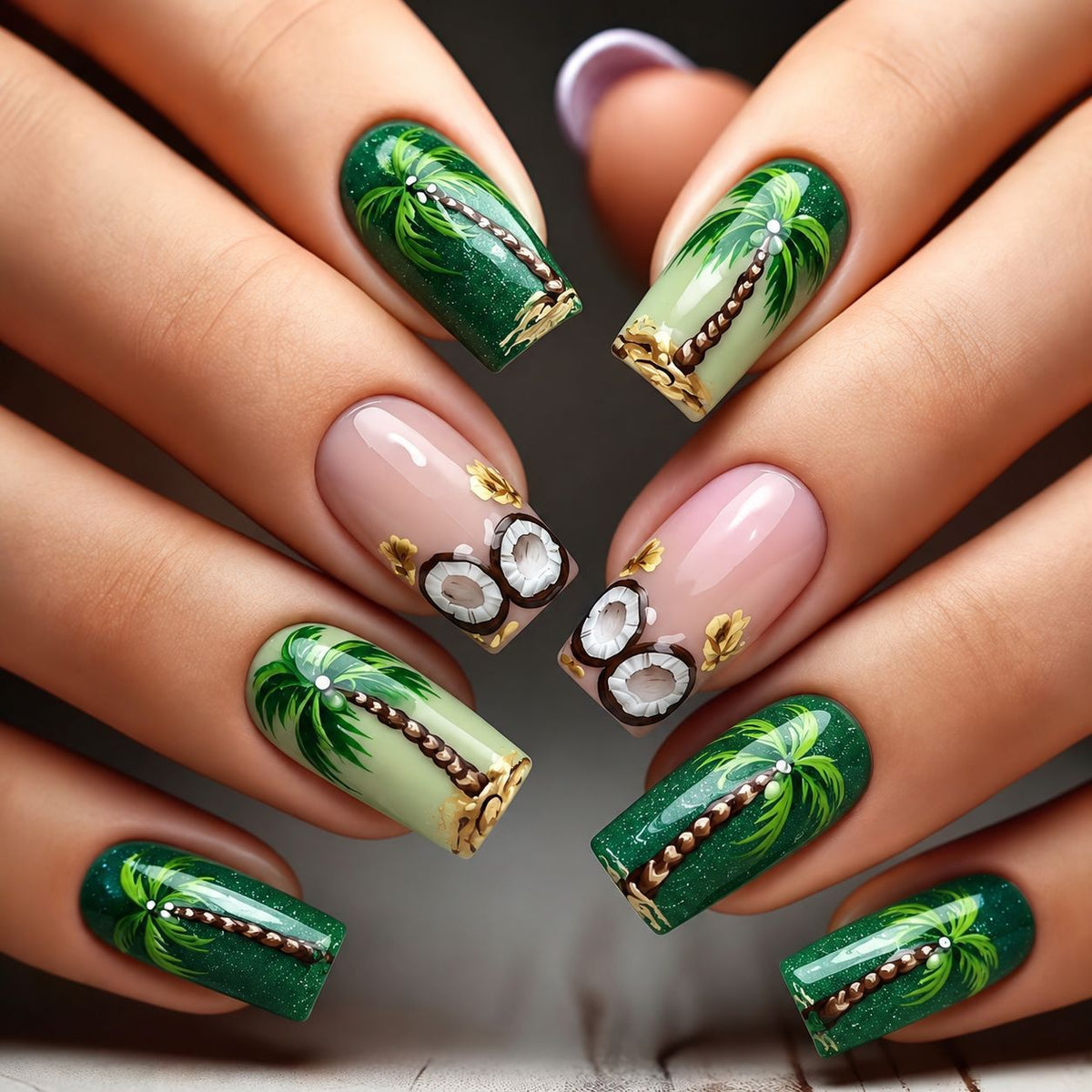 Tropical Paradise Long Square Green with Decorative Palm Tree Design Press On Nail Set