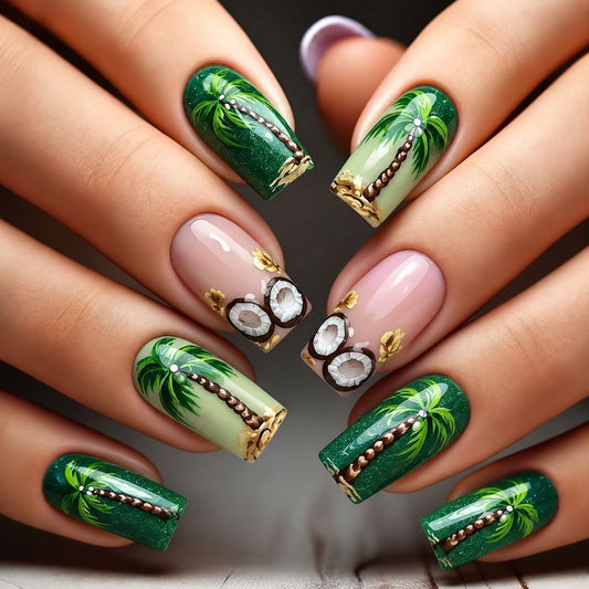 Tropical Paradise Long Square Green with Decorative Palm Tree Design Press On Nail Set