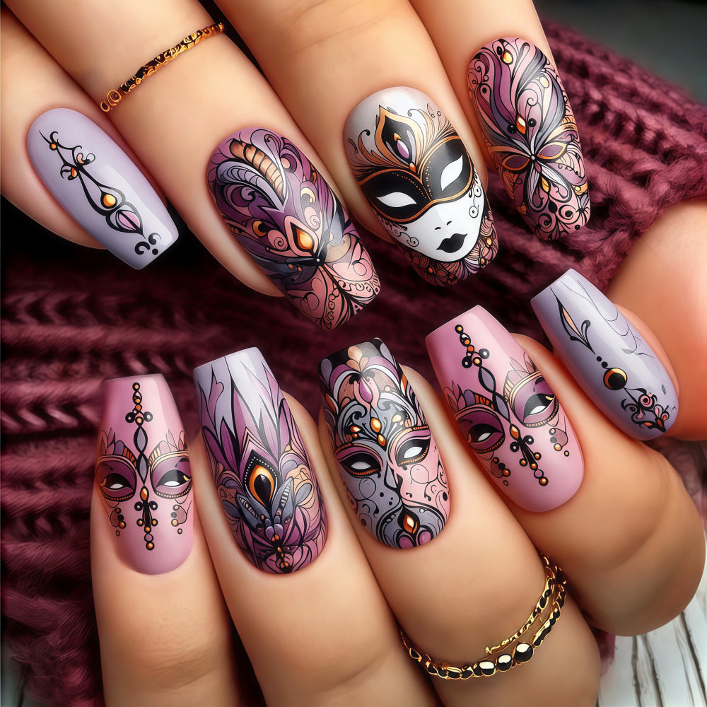 Mystical Elegance Long Coffin Lavender Press On Nail Set with Intricate Masquerade Art