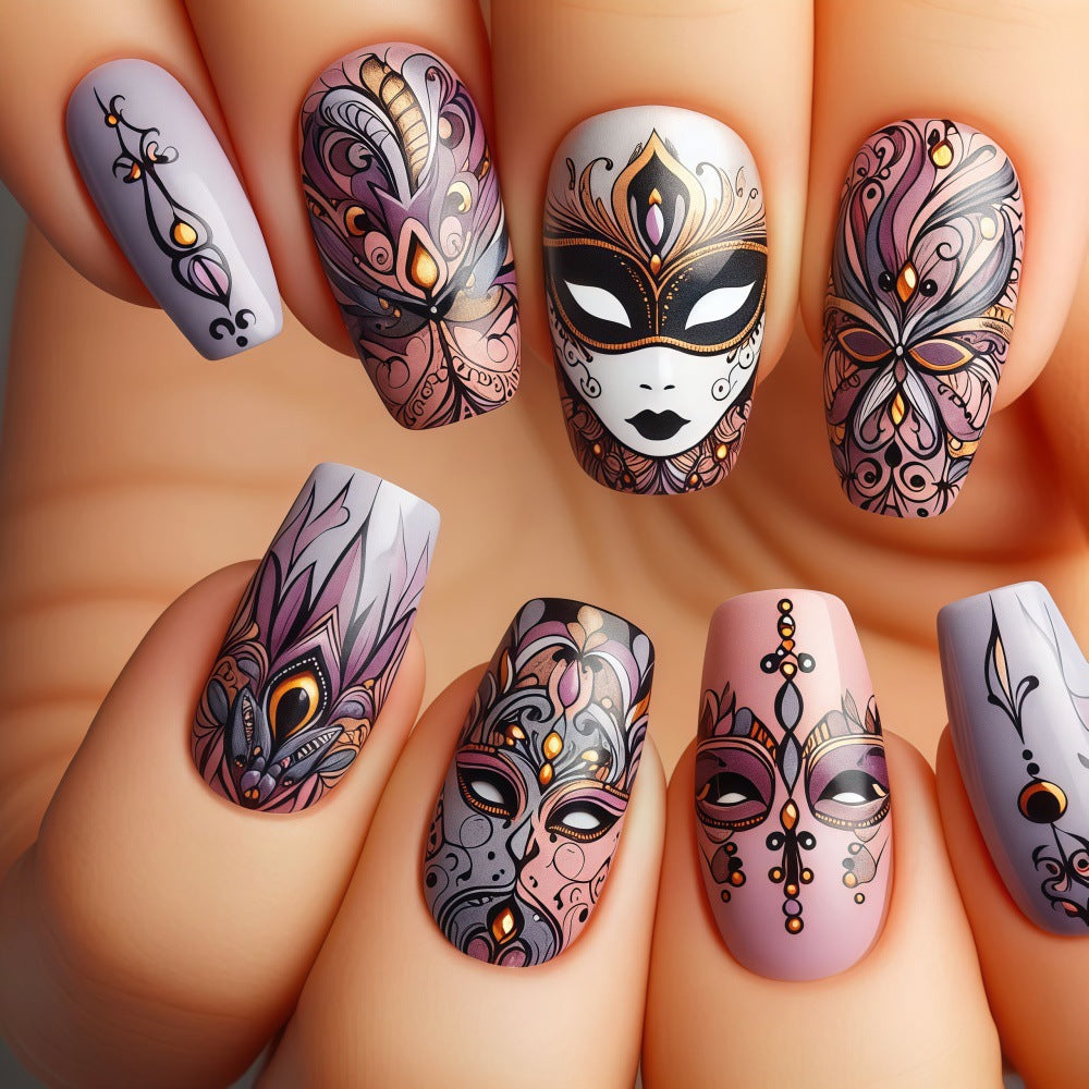 Mystical Elegance Long Coffin Lavender Nail Set with Intricate Mask Design