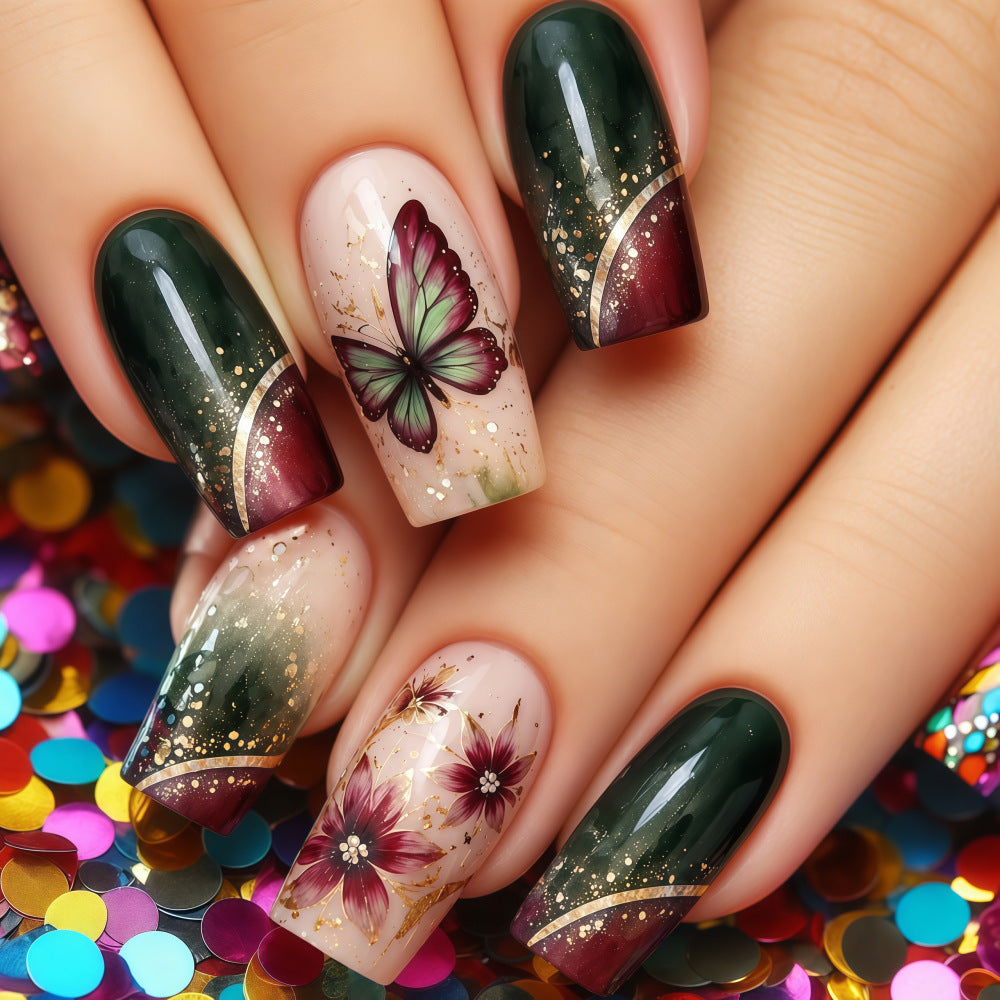 Whimsical Nature Inspired Long Square Green and Burgundy Press-On Nail Set with Butterfly and Floral Design