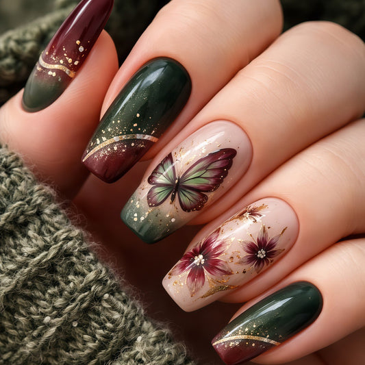 Whimsical Garden Long Coffin Green and Burgundy Butterfly Floral Press On Nail Set
