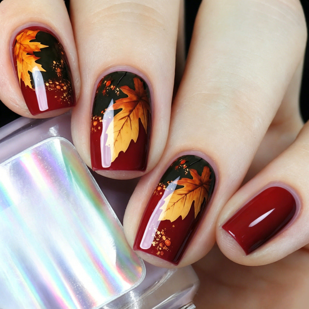 Autumn Inspired Medium Square Deep Red with Elegant Leaf Design Press On Nail Set