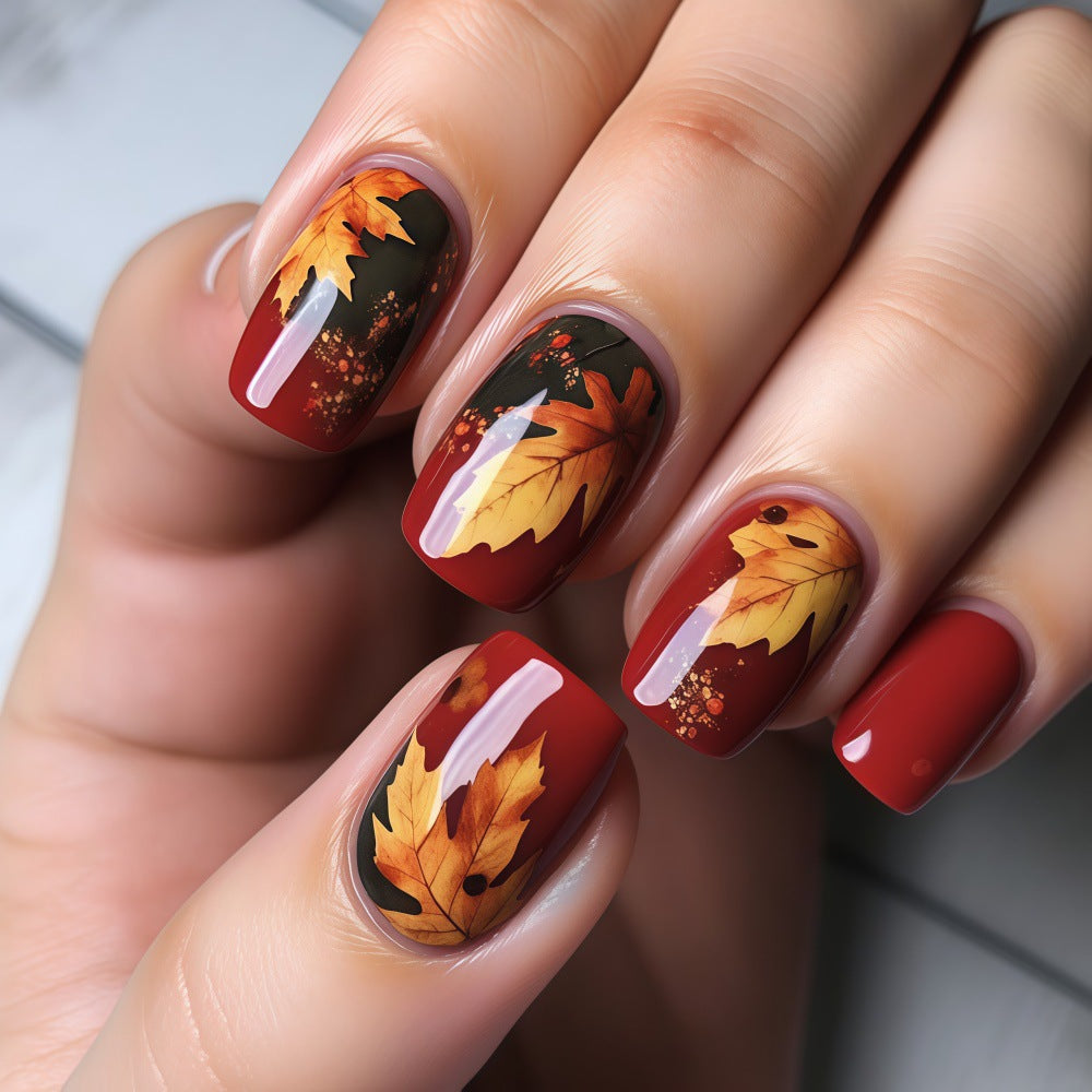 Autumn Elegance Medium Square Red with Leaf Design Press On Nails Set