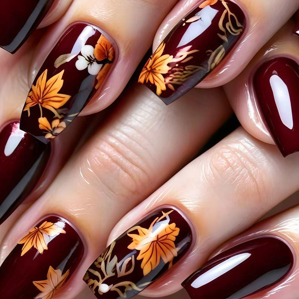 Autumn Elegance Long Coffin Burgundy Nail Set with Floral Design