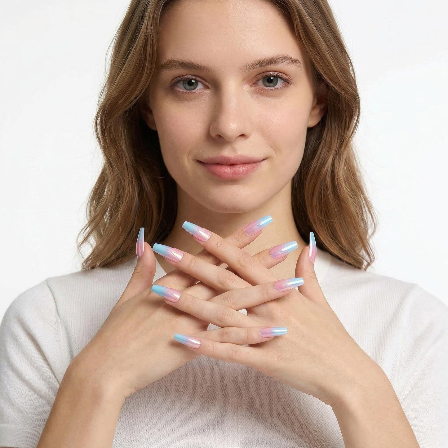 Dreamy Oasis Long Coffin Shape Pastel Gradient Press-On Nail Set with Iridescent Finish