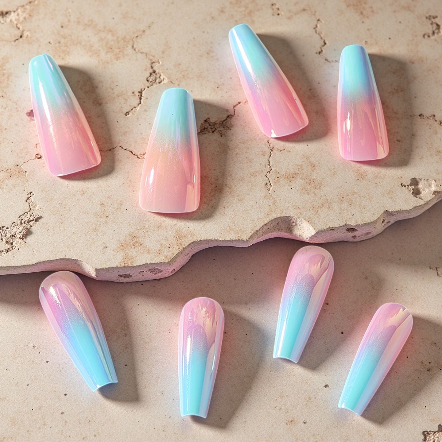 Dreamy Pastel Long Coffin Press On Nail Set with Ombre Color Transition