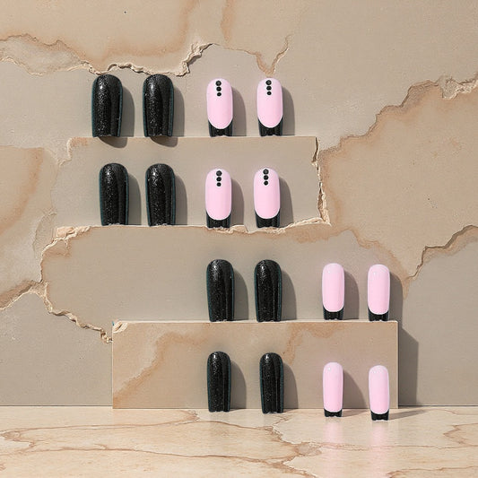 Chic Elegance Long Square Black and Pink Press On Nail Set with Unique Dazzling Dots