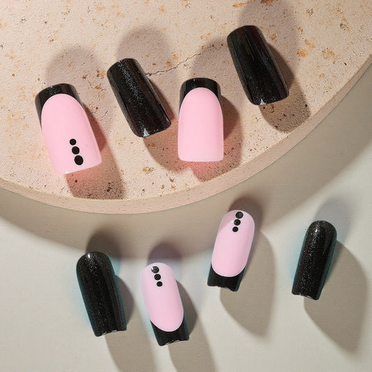 Chic Elegance Long Square Pink and Black Nail Set with Unique Dot Accents