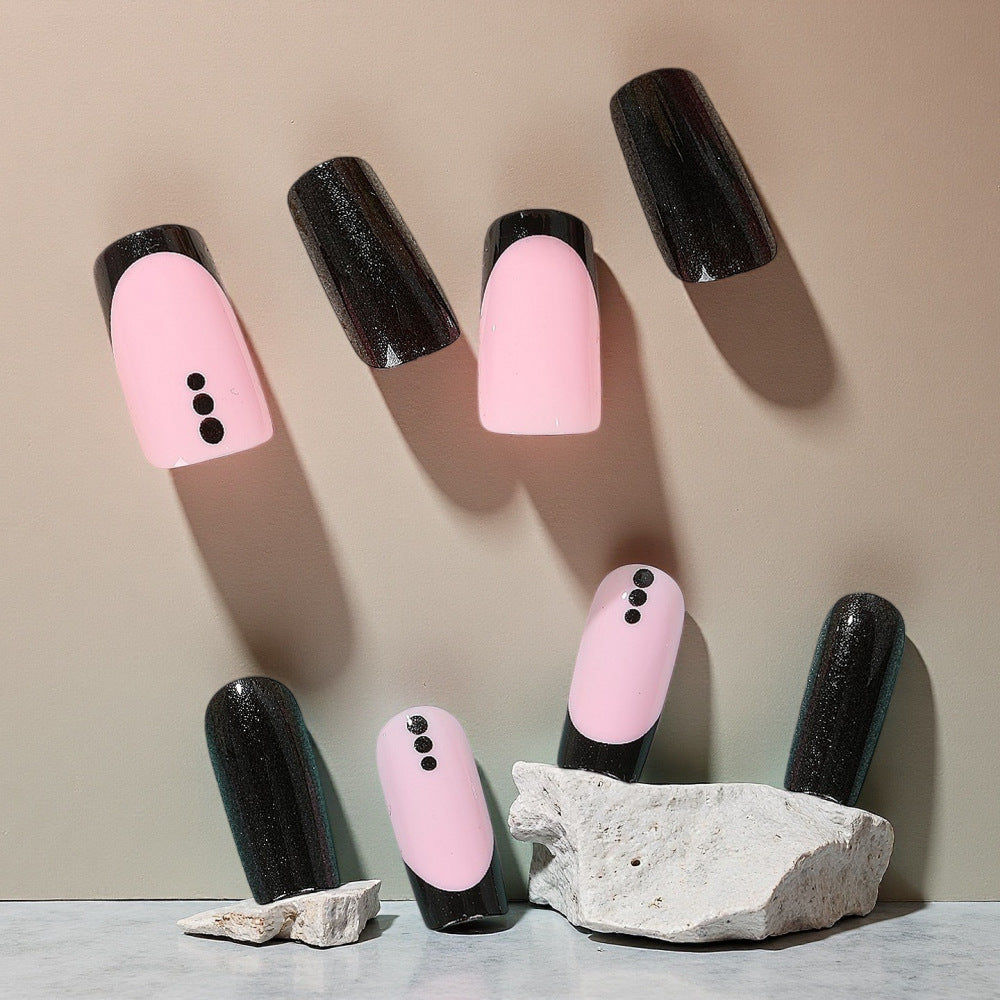 Chic Midnight Elegance Long Square Pink and Black Gradient Press On Nail Set with Unique Dot Accent