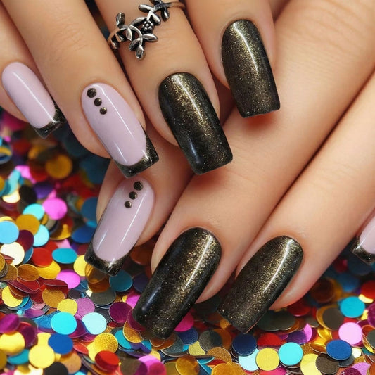 Glamorous Elegance Long Square Black and Glittery Ombré Press On Nails Set