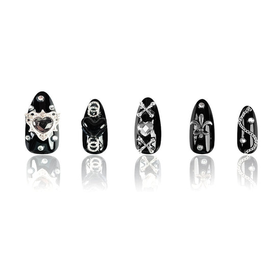 Gothic Elegance Medium Almond Black Press-On Nail Set with Dazzling Gemstone Accents