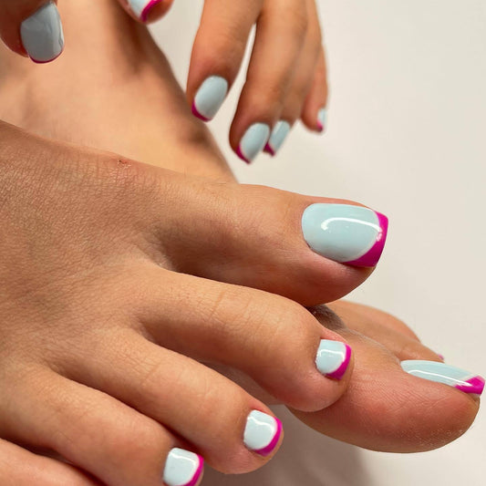 Beach Vogue Short Square Sky Blue Nails with Pink Tip Accent for a Stylish Summer Look