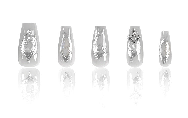 Enchanting Elegance Long Coffin Silver Press On Nail Set with Intricate Metallic Designs
