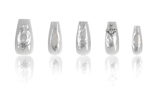 Enchanting Elegance Long Coffin Silver Press On Nail Set with Intricate Metallic Designs